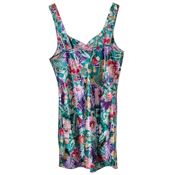 Vintage CALIFORNIA DYNASTY Floral Print Satin Chemise Slip Size L Teal Womens - Picture 4 of 8